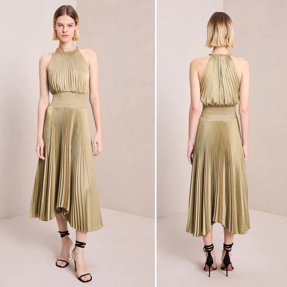 ALC Renzo II Pleated Halter A Line Midi Dress Elmwood Gold US 14
